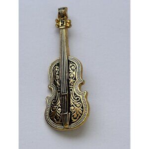 Vintage Spanish Damascene Brooch Pin Violin Goldtone Silvertone 2"